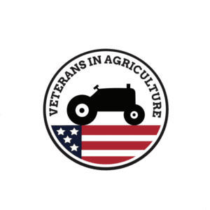 Veterans in Agriculture with Tractor and flag in a circle.