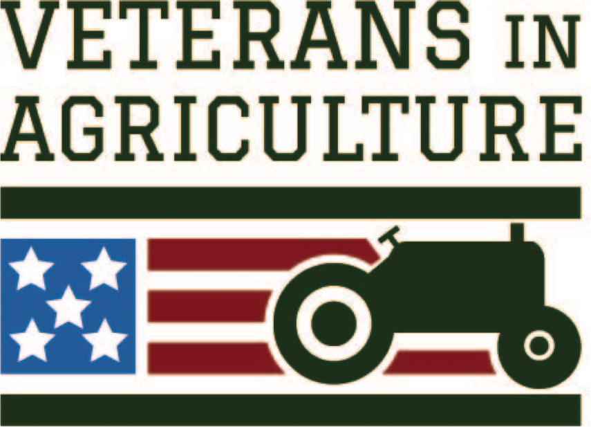 Veterans in Agriculture Logo includes tractor with blue field of 5 white stars by red and white stripes.